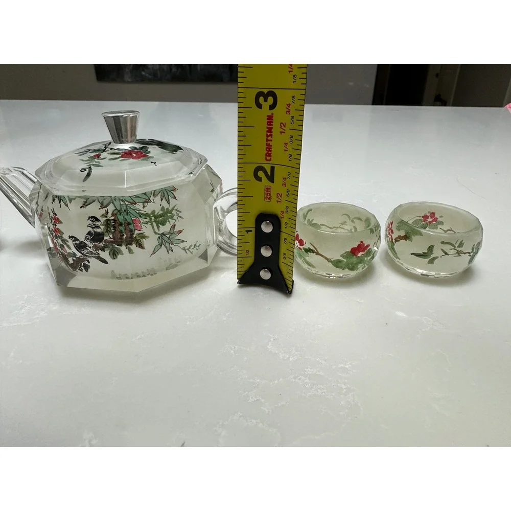 Vintage Cut Glass Miniature Tea Set‎ Teapot 4 Cups Bird Floral Motif Chinoiserie